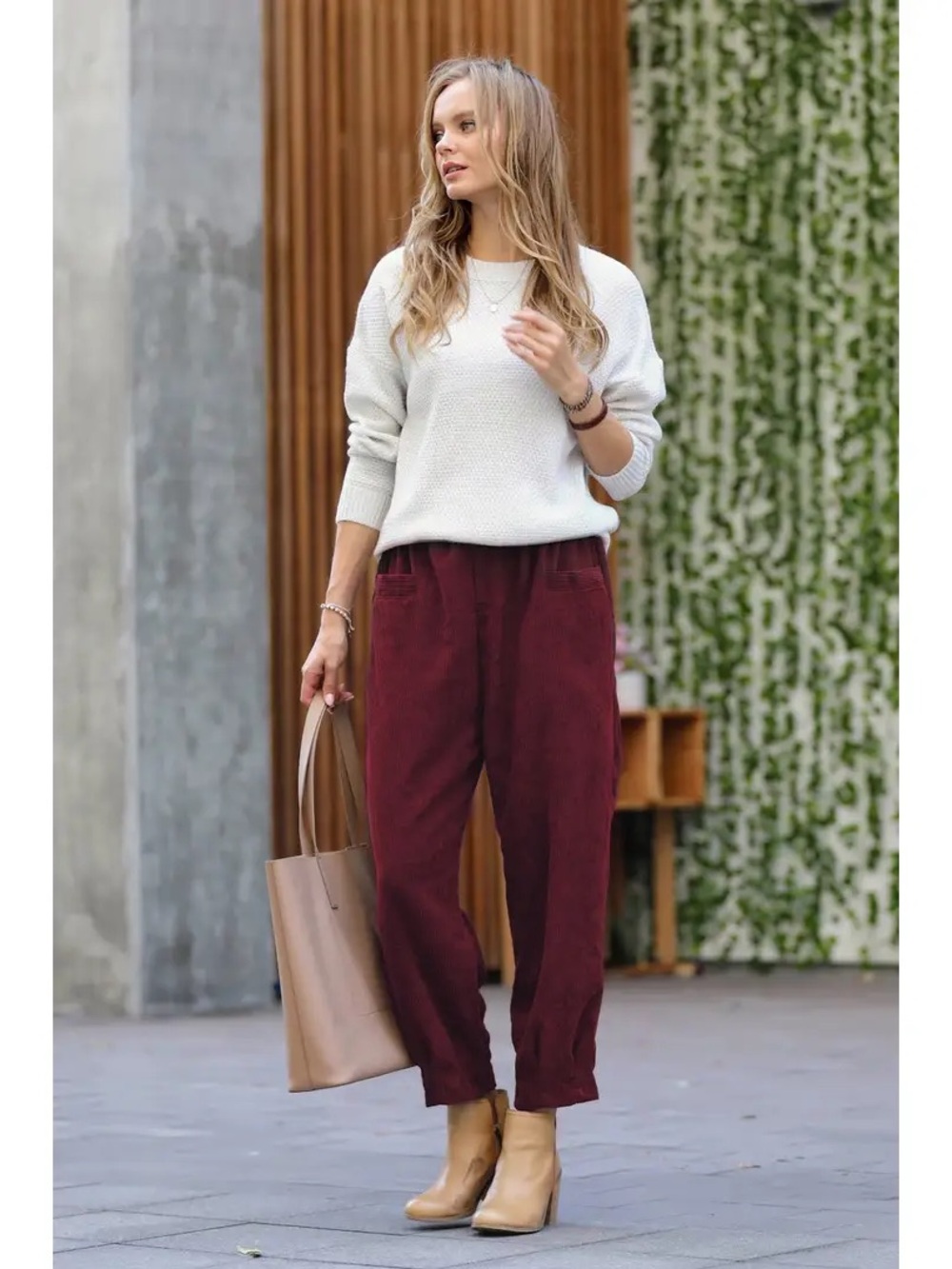 Zenana Outfitters Wine Cropped Corduroy Relaxed Jogger Pants
